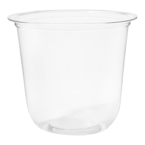A clear, plant-based PLA plastic cold cup with a rounded bottom and a 12 oz. capacity.