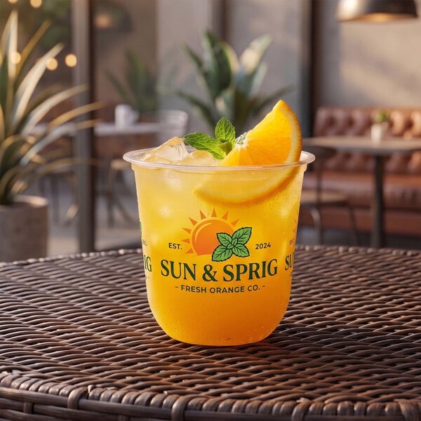 A clear 12 oz. plant-based plastic cold cup with a rounded bottom, filled with an orange beverage, ice, and garnished with an orange slice and mint, featuring custom branding on the cup.