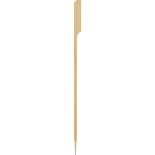 A single wooden skewer with a pointed end and a flat, paddle-shaped top.
