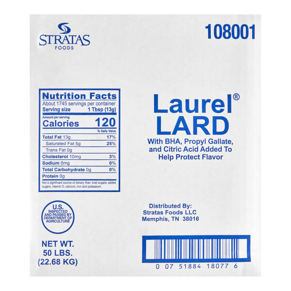 A 50-pound block of Laurel brand lard in a white box with nutritional information and distributor details printed on the packaging.