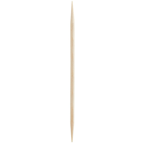 A single, slender, double-pointed wooden stick is shown against a white background.