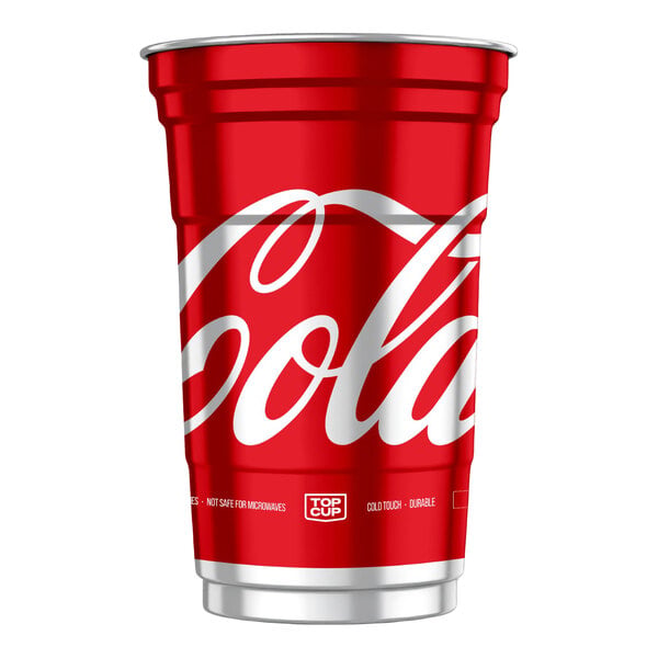 A red 20 oz. aluminum cup featuring a Coca-Cola design.