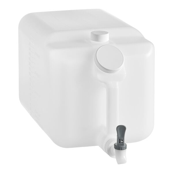 A white, rectangular plastic container with a spigot and two screw caps on top.