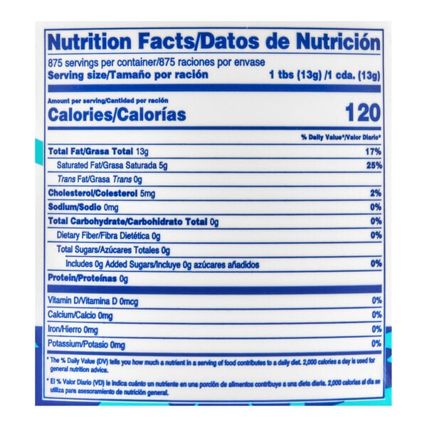 A nutrition facts label for John Morrell Snow Cap Lard Bucket 25 lb.