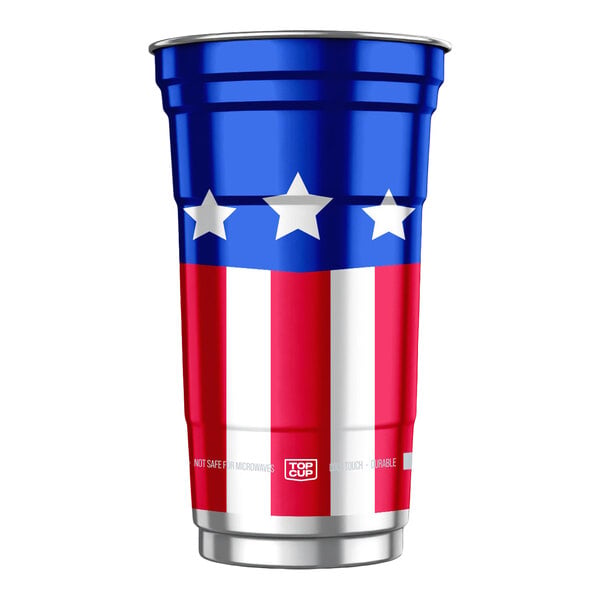 A 12 oz. aluminum cup featuring a patriotic USA flag design with blue, white stars, and red and white stripes.