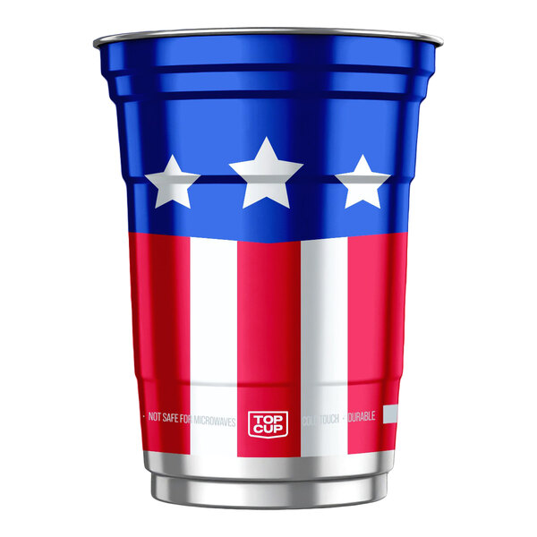 A 16 oz. aluminum cup featuring a patriotic USA flag design with stars and stripes.