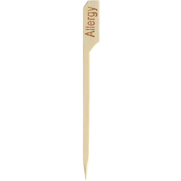 A compostable bamboo food pick with the word 'Allergy' engraved on it.