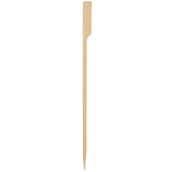 A single wooden skewer with a flat, paddle-shaped top and a pointed end.