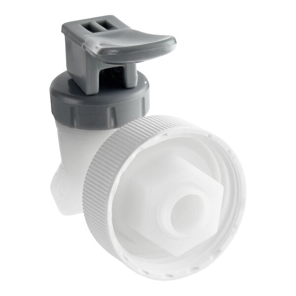 A plastic spout with a gray lever and a threaded white cap, designed for dispensing liquids from containers.