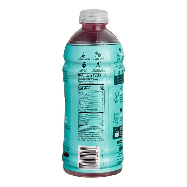 A plastic bottle of Smartfruit Rebloom Blackberry and Lychee Refresher Beverage concentrate with a turquoise label and white cap.