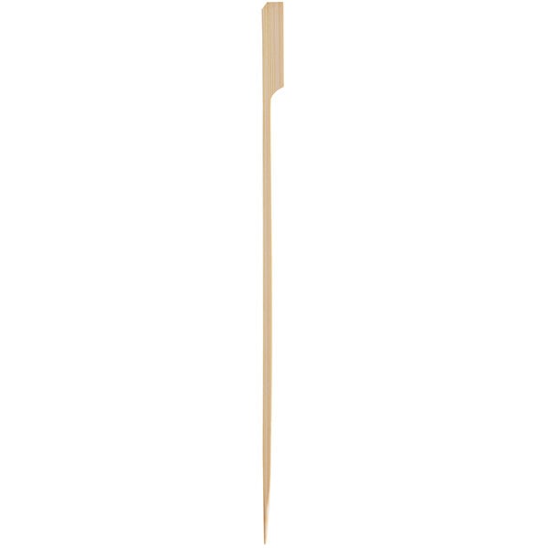 A single wooden skewer with a flat, paddle-shaped top and a pointed end.