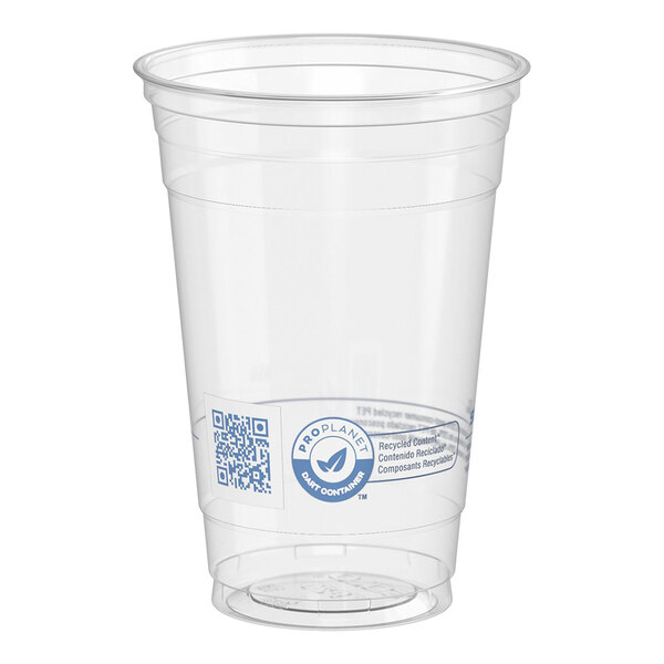 A clear 20 oz. plastic cold cup made from recycled PET material.