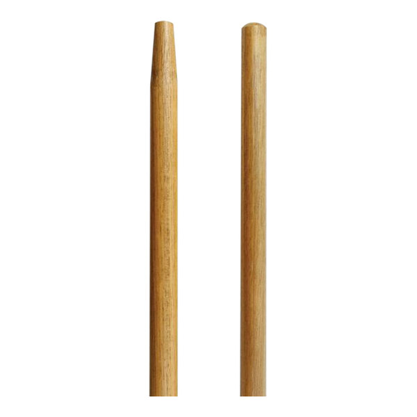 A pair of long, tapered wooden handles for cleaning tools.