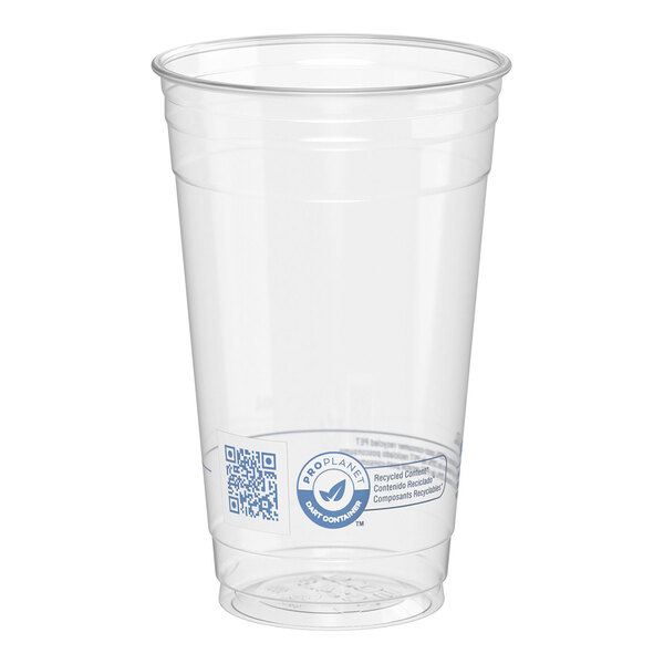 A clear 24 oz. plastic cold cup with a printed label near the base.