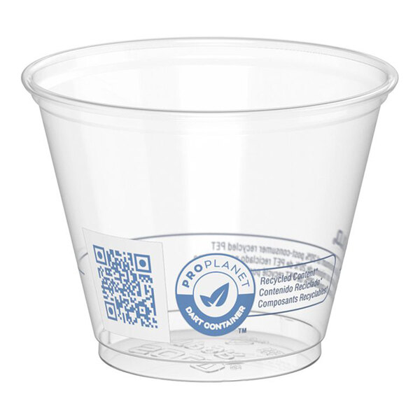 A clear 9 oz. squat plastic cold cup made from recycled PET material.