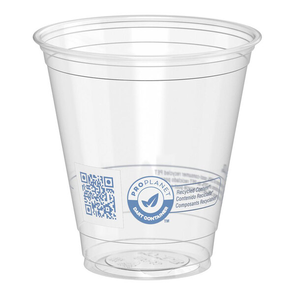 A clear 12 oz. plastic squat cold cup with recycling information and a QR code printed on the side.
