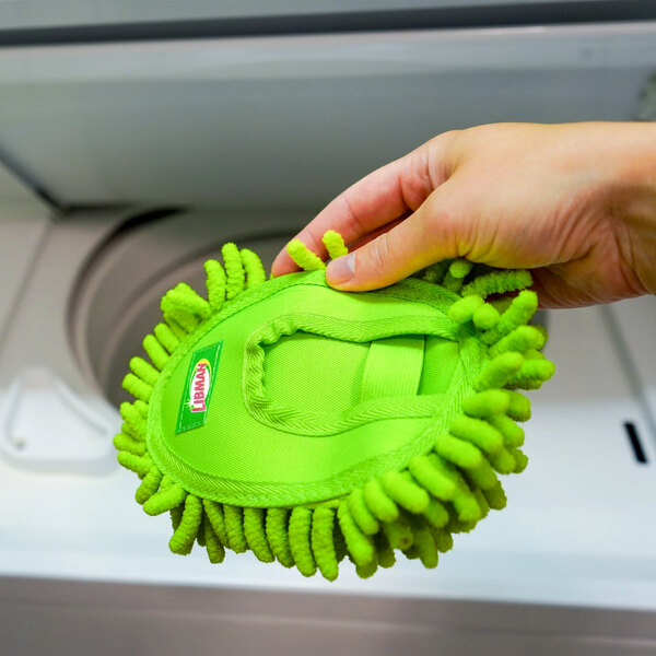 A green microfiber duster with a hand strap, designed for cleaning surfaces.