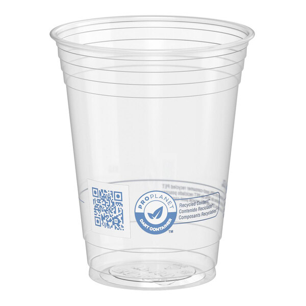 A clear 16 oz. plastic squat cold cup with a ProPlanet label and QR code on the side.