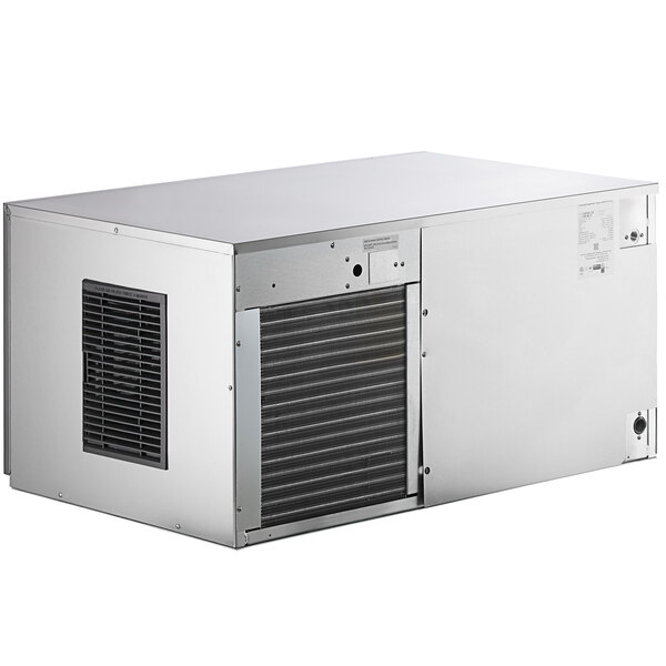 A stainless steel air-cooled stackable square cube ice machine with an integrated ice storage bin.