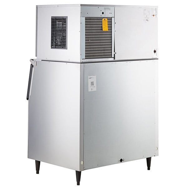A commercial air-cooled stackable square cube ice machine with a stainless steel finish and an ice storage bin.