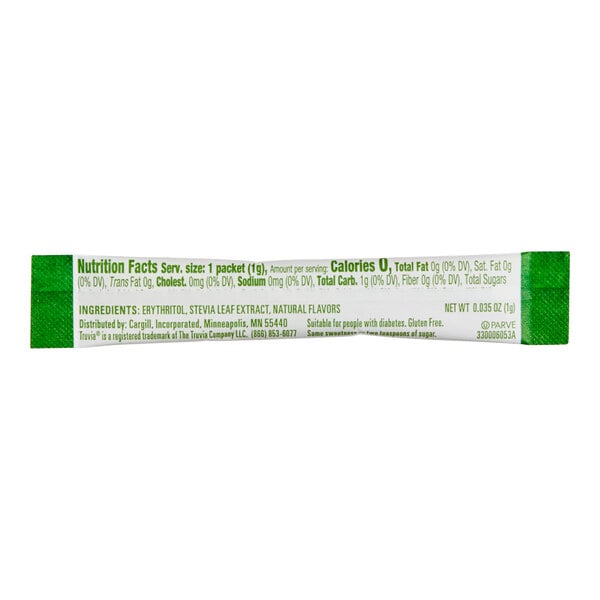 A single-serve stick packet of Truvia Stevia sugar substitute containing 1 gram.