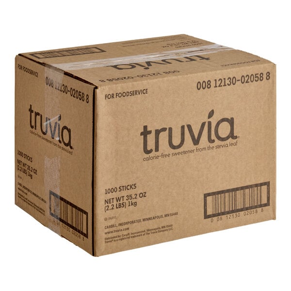 A cardboard box containing 1,000 sticks of Truvia stevia sugar substitute.