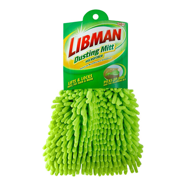 A green Libman microfiber dusting mitt with chenille texture, designed for cleaning and dusting surfaces.