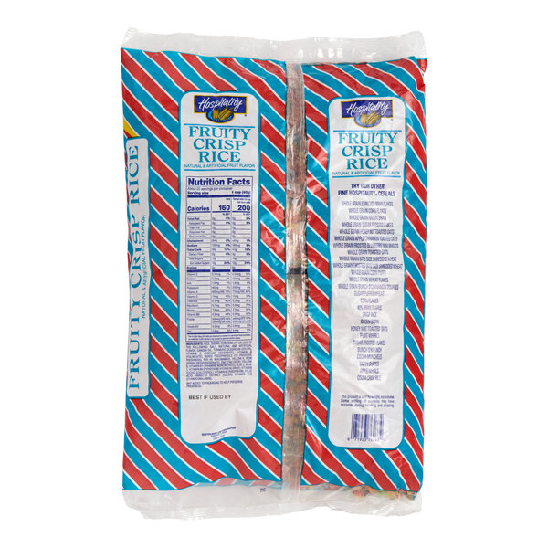 A large 35 oz. bag of Hospitality Fruity Crisp Rice cereal with colorful striped packaging.