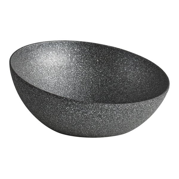 A round dark gray cast aluminum serving bowl with a speckled finish.