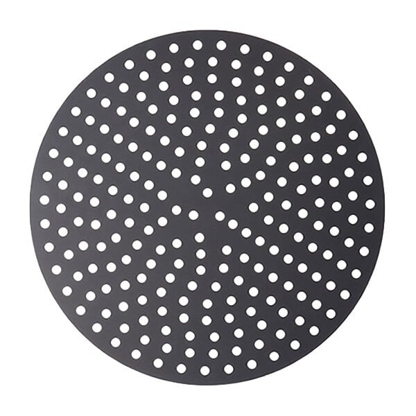 A round, black aluminum perforated pizza disk with evenly spaced holes, designed for baking pizza.