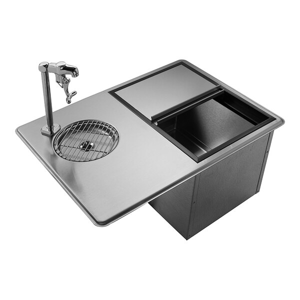 A stainless steel drop-in water station and ice bin with a faucet and sliding cover.