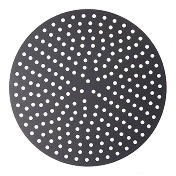 A round, black aluminum perforated pizza disk with evenly spaced holes.