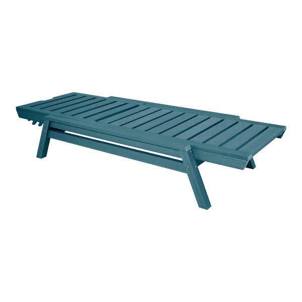 A blue adjustable and stackable poly-lumber chaise lounge with a slatted design.
