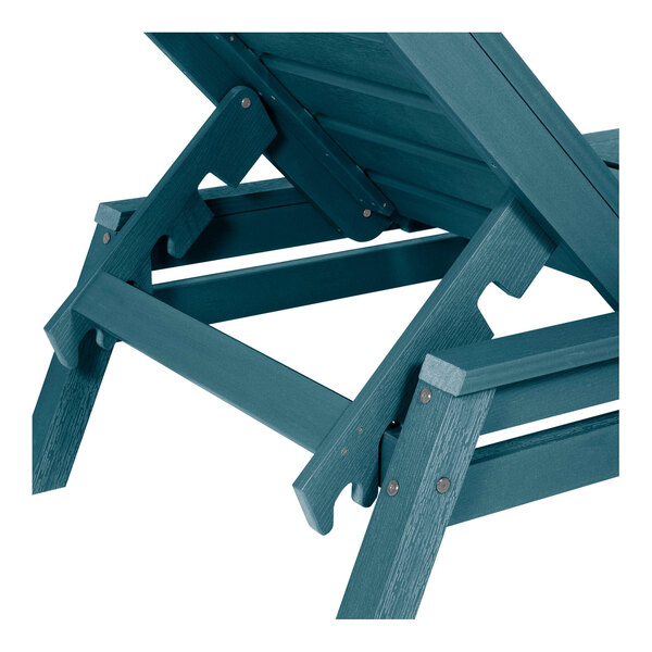A close-up view of a blue adjustable stackable poly-lumber chaise lounge.