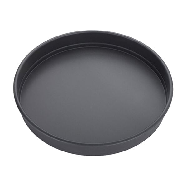 A round, straight-sided, 12-inch aluminum pizza pan with a nonstick surface.