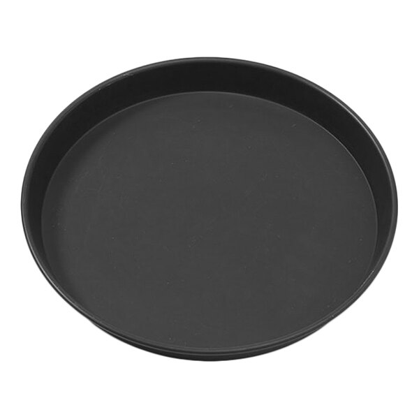 A round, black aluminum pizza pan with tapered sides.