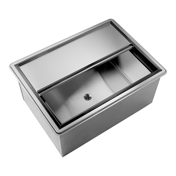 A stainless steel deep style drop-in ice bin with a sliding cover.
