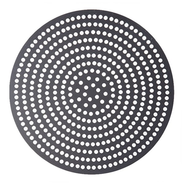 A round aluminum pizza disk with multiple perforated holes arranged in concentric circles.