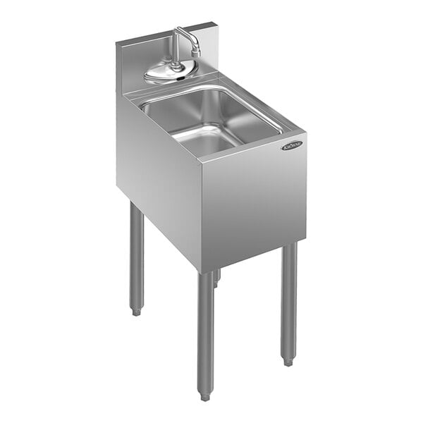 A stainless steel one-bowl underbar sink with an electronic sensor faucet.
