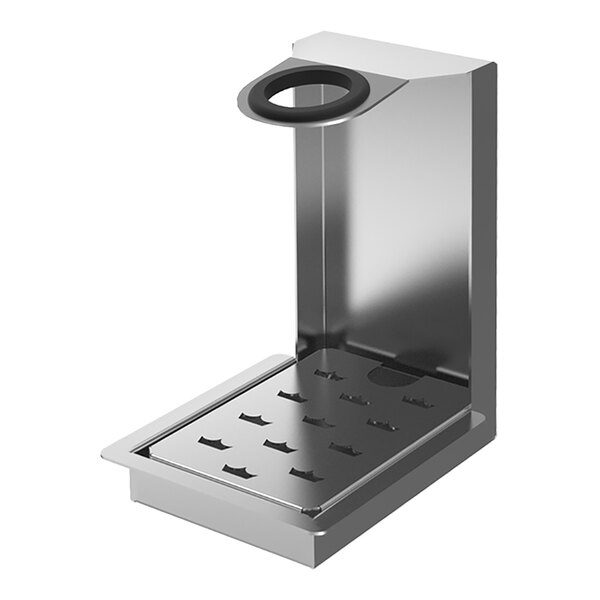 A stainless steel drop-in soda gun holder with a circular opening and drip tray.
