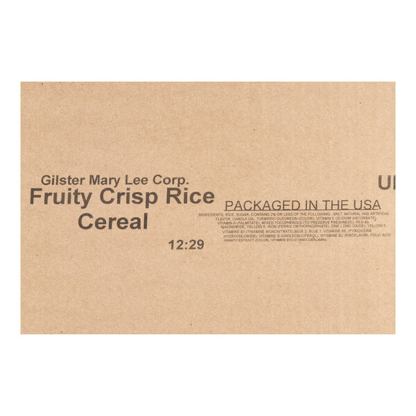 A large brown cardboard box labeled Gilster Mary Lee Corp. Fruity Crisp Rice Cereal.