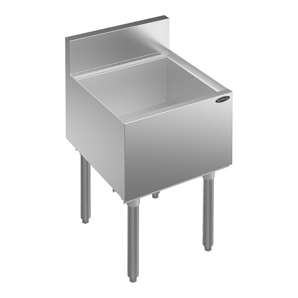 A stainless steel underbar ice bin with a cold plate and four legs.