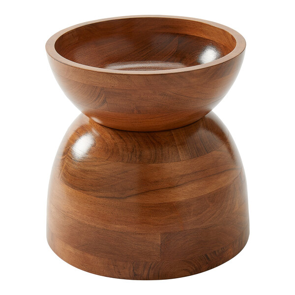 An hourglass-shaped set of two round acacia wood bowls stacked together.