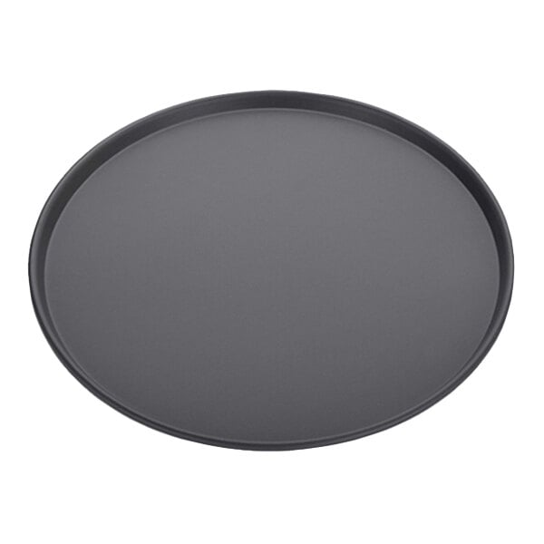 An 18-inch round aluminum tapered stackable pizza pan.