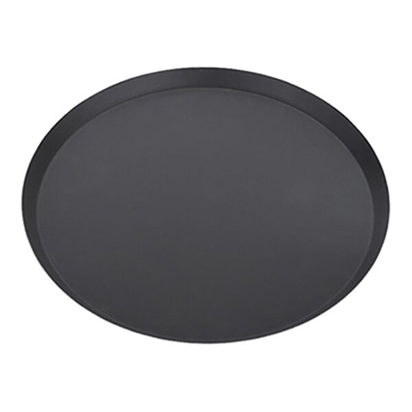 A round, black 9-inch aluminum pizza pan with tapered sides.