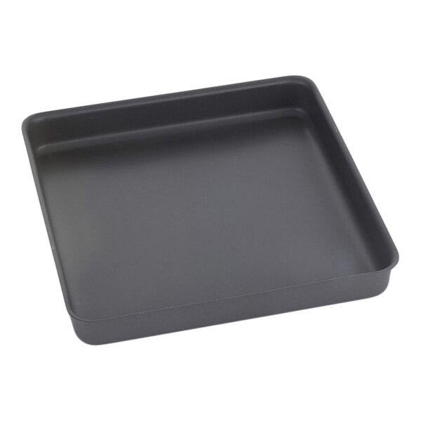 A square, black, deep dish pizza pan made of aluminum.