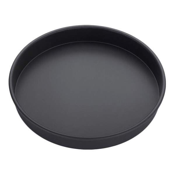 A round, straight-sided aluminum pizza pan with a nonstick finish.