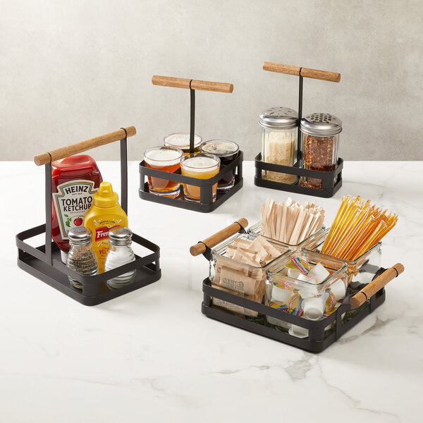 An American Metalcraft black shaker caddy with wood handles, designed for organizing condiments and shakers.