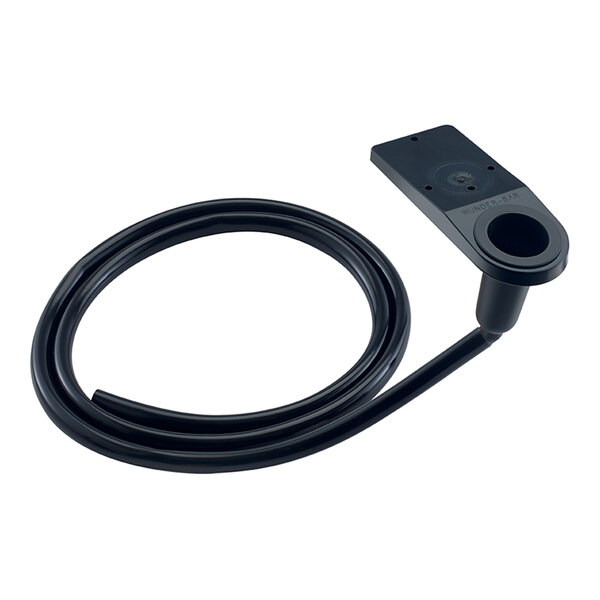 A black drip cup assembly with an attached hose designed for soda gun holders.