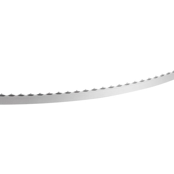 A steel band saw blade with a serrated edge designed for cutting boneless meat.